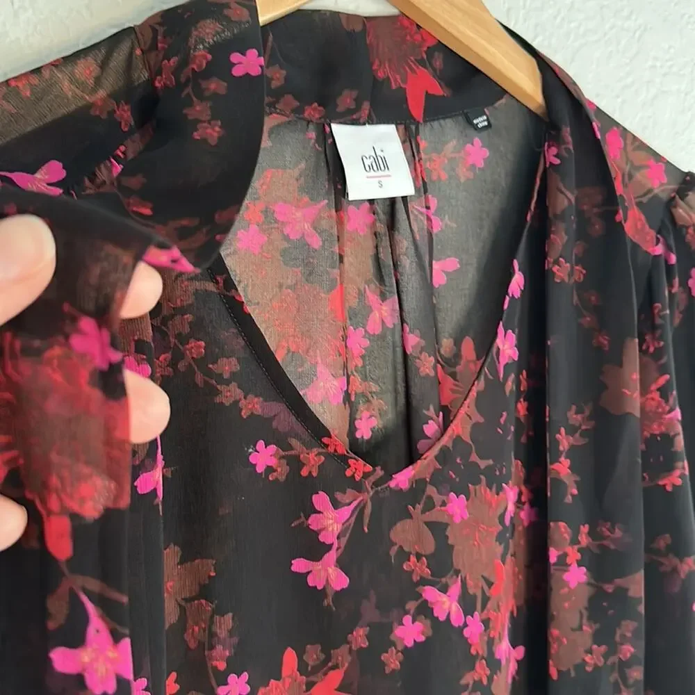 CAbi Candlelight Black Pink Floral Sheer Neck Tie Top Blouse Modest Dark Goth - Picture 5 of 6